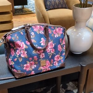 Dooney & Bourke Navy and Pink Floral Cabbage Rose Satchel